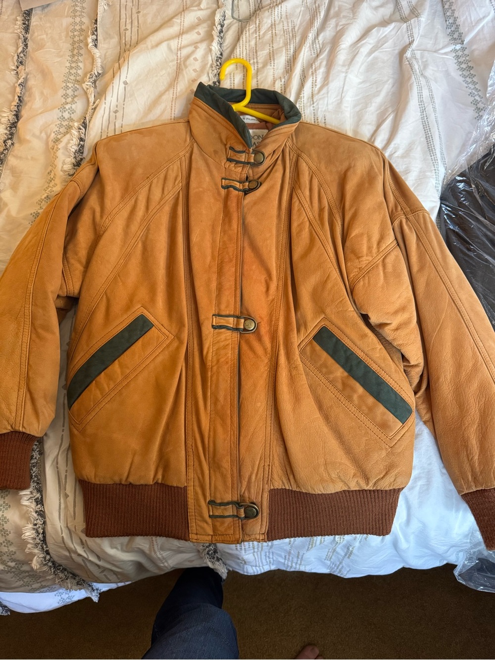 Brandon Thomas Tan Leather Bomber Jacket with Dark Trim